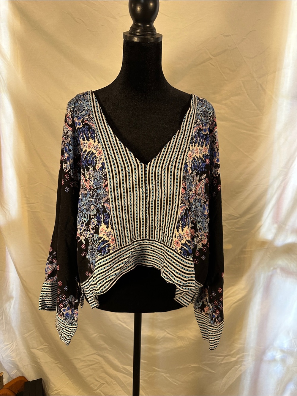 Free People Black Floral & Blue Striped V-Neck Tunic